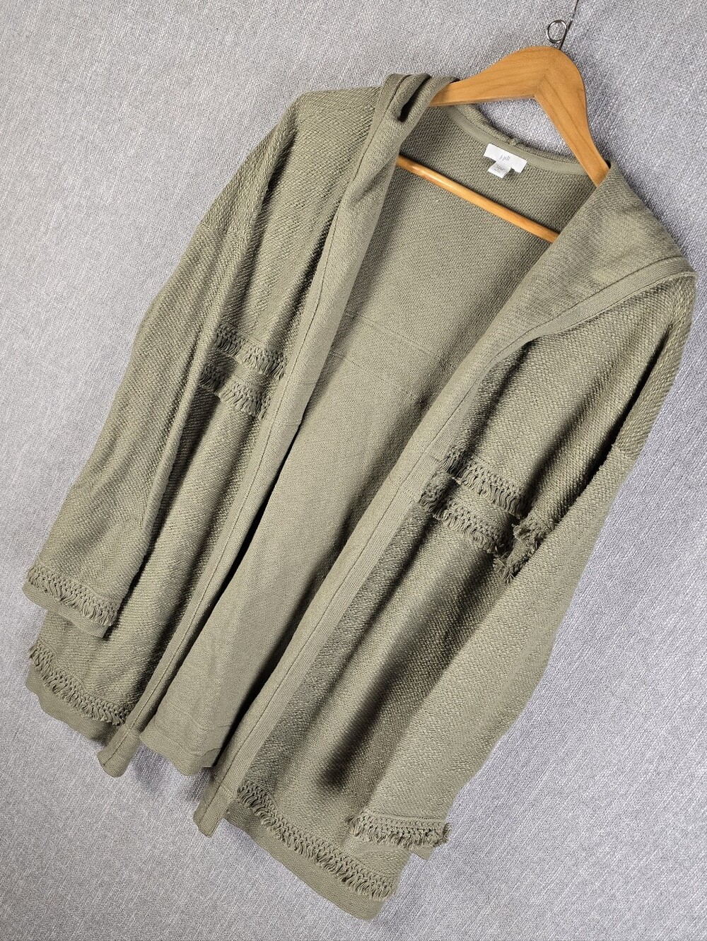 J. Jill Petite Green Tasseled Hoodie Cardigan, Olive Green Womens Sz L Petite